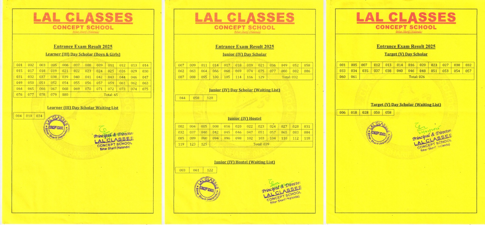 Entrance Exam Result (Class III to V), Session 2025-26